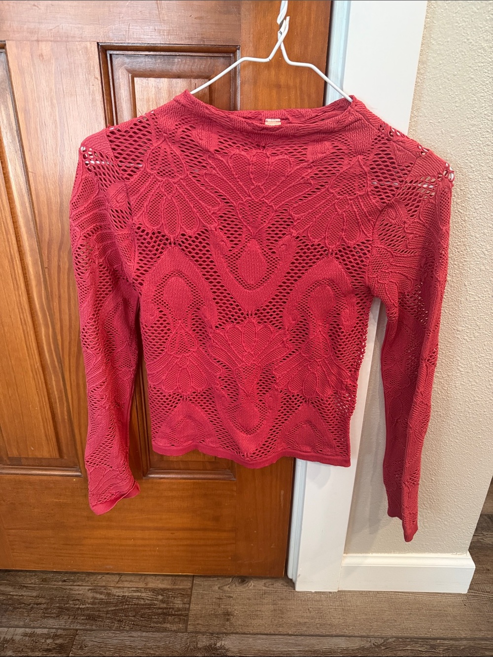 By Together Crimson Crochet Openwork Long-Sleeve Top